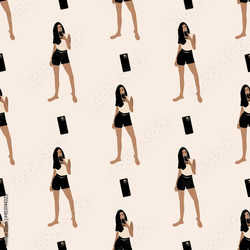 vector seamless pattern with a standing girl taking a selfie