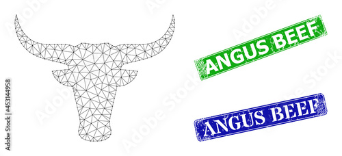Net bull head image, and Angus Beef blue and green rectangular unclean stamp seals. Polygonal wireframe illustration is created from bull head pictogram.