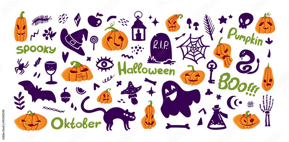 Set of Halloween elements, pumpkin and silhouette collection, funny illustration isolated on white. Perfect for holiday decoration Happy Halloween, stickers, flyers. Vector