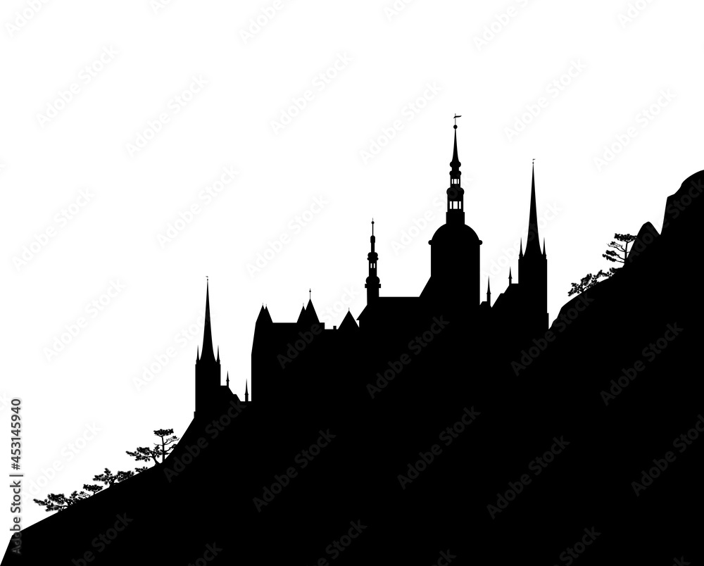 fantasy scene with mountain slope and medieval castle silhouette - fairy tale vector copy space black and white background fantasy scene with mountain slope and medieval castle silhouette - fairy tale vector copy space black and white background