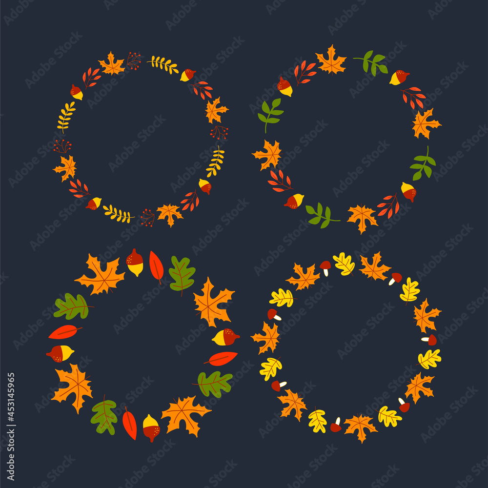 Vector wreath of autumn leaves and fruit in watercolor style. Beautiful round wreath of yellow and red leaves, acorns, berries, cones and branches. Decor for invitations, greeting cards, posters. Vector wreath of autumn leaves and fruit in watercolor style. Beautiful round wreath of yellow and red leaves, acorns, berries, cones and branches. Decor for invitations, greeting cards, posters.