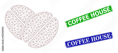 Triangular cacao beans model, and Coffee House blue and green rectangular dirty watermarks. Mesh carcass illustration based on cacao beans icon.