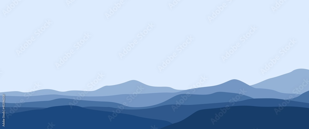 Low view of mountain or hills landscape vector illustration, good for background, backdrop design, wallpaper, desktop background, travel banner, tourist banner.
