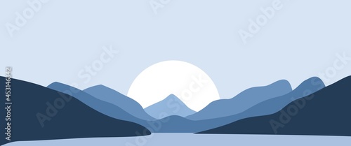 Minimalist mountains landscape vector illustration with sun. Used for background  backdrop design  winter banner  travel banner  minimalist card  wallpaper.