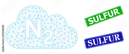 Network nitrogen gas image, and Sulfur blue and green rectangle textured seal imitations. Polygonal wireframe image is created from nitrogen gas icon.