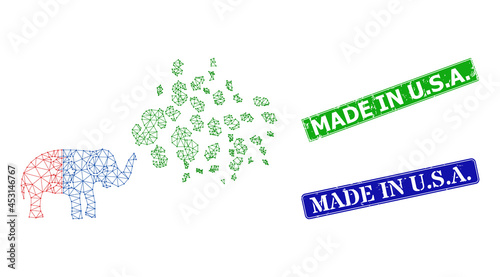 Polygonal elephant stimulus dollars image, and Made in U.S.A. blue and green rectangular corroded seals. Polygonal wireframe image created from elephant stimulus dollars icon. Seals include Made in U.