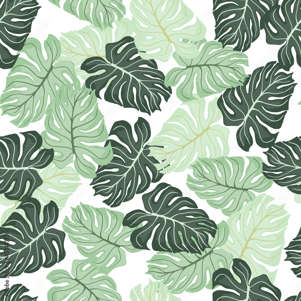 Isolated seamless pattern with random green pastel monstera leaves shapes. White background.