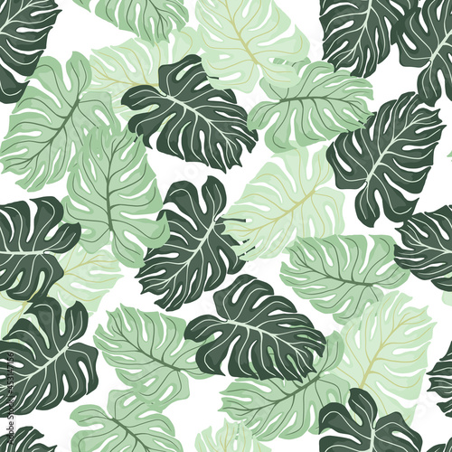 Isolated seamless pattern with random green pastel monstera leaves shapes. White background. © smth.design