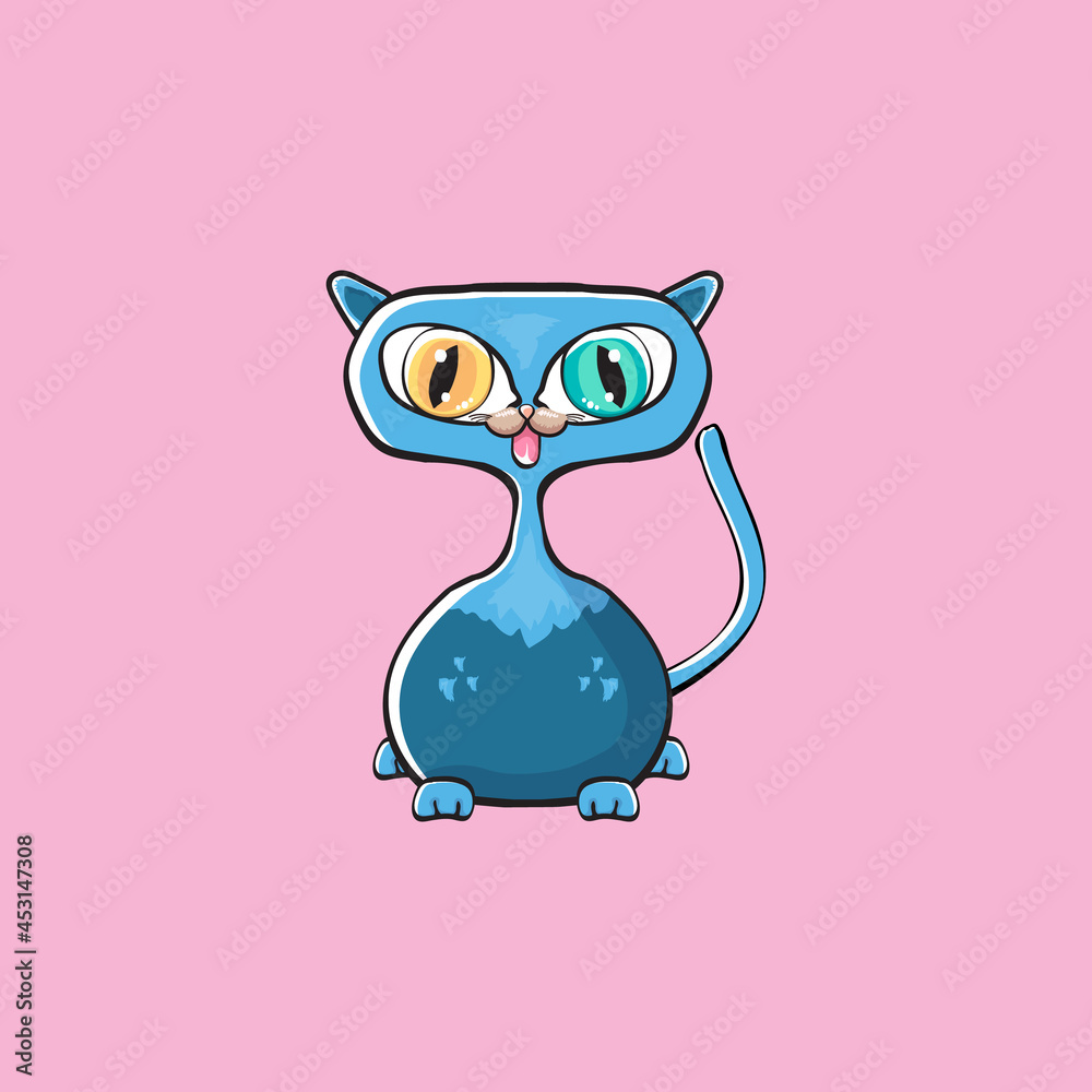 kawaii cute blue cat isolated on pink background. Cartoon happy blue baby kitten with big eyes