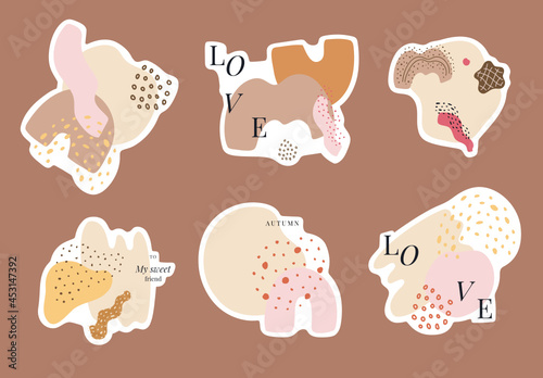 Set of beautiful autumn mood abstract stickers. Collection of doodle illustrations with abstract shapes and inscriptions. A4 layout proportion.