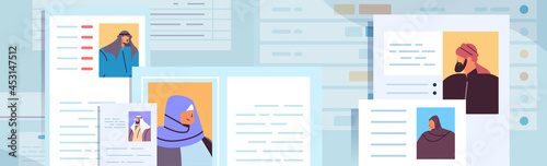 set of different resume curriculum vitae papers with photo and personal info of new employees job candidates