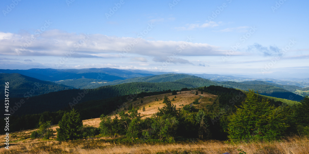 View of the meadow on top of the mountain in Beskid Wyspowy on a sunny summer morning. Partly cloudy sky. Poland. 