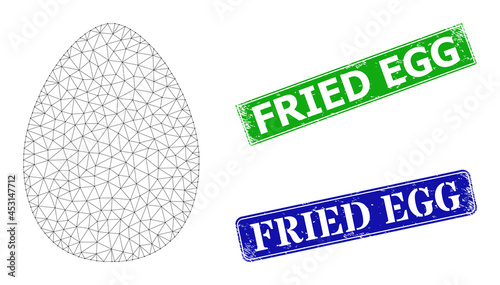 Polygonal egg image, and Fried Egg blue and green rectangular unclean watermarks. Polygonal wireframe symbol is designed with egg icon. Stamps include Fried Egg title inside rectangular shape.