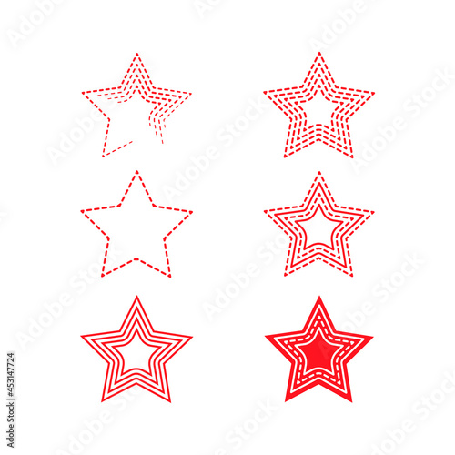 Set of red stars on white background. Contour drawing. Star shape icon.