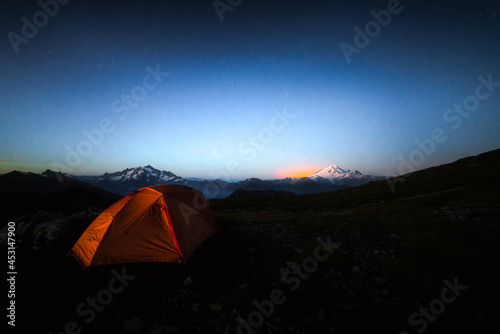 Tent camping in the mountains of Washington State on during a backpacking trip. 