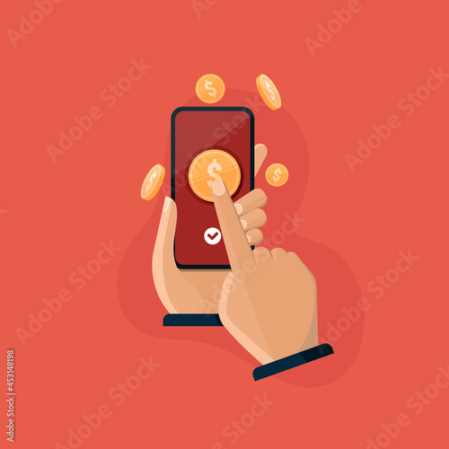 Mobile payment App, Hand holding smartphone for sending and receiving money online