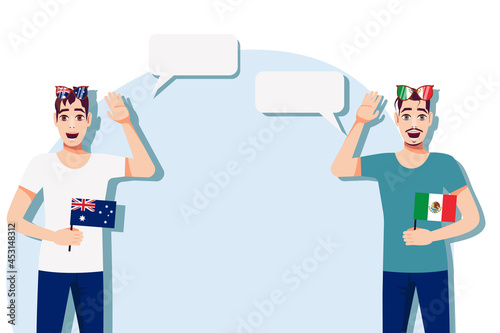 Men with Australian and Mexican flags. The concept of international communication, education, sports, travel, business. Dialogue between Australia and Mexico. Vector illustration.