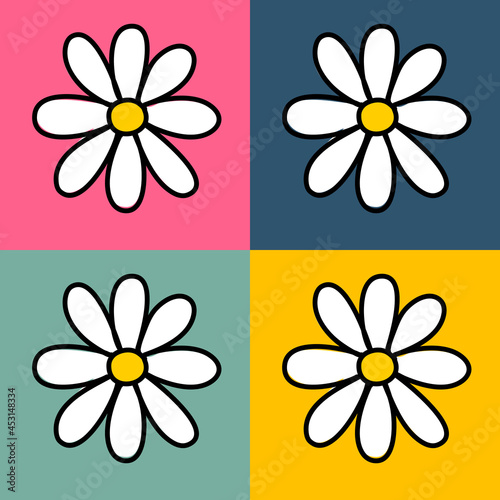 pattern with daisies set of white daisy icon pattern on green, blue, yellow and pink backgrounding pop art  in hand drawn cartoon vector style