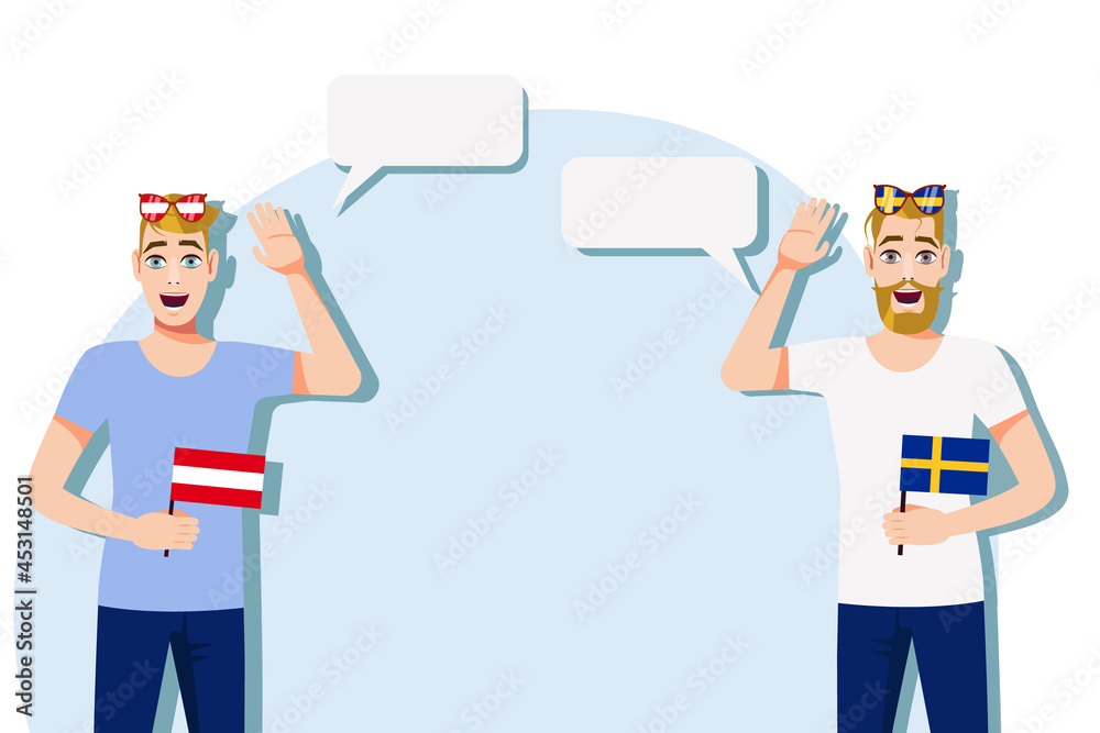The concept of international communication, sports, education, business between Austria and Sweden. Men with Austrian and Swedish flags. Vector illustration. The concept of international communication, sports, education, business between Austria and Sweden. Men with Austrian and Swedish flags. Vector illustration.