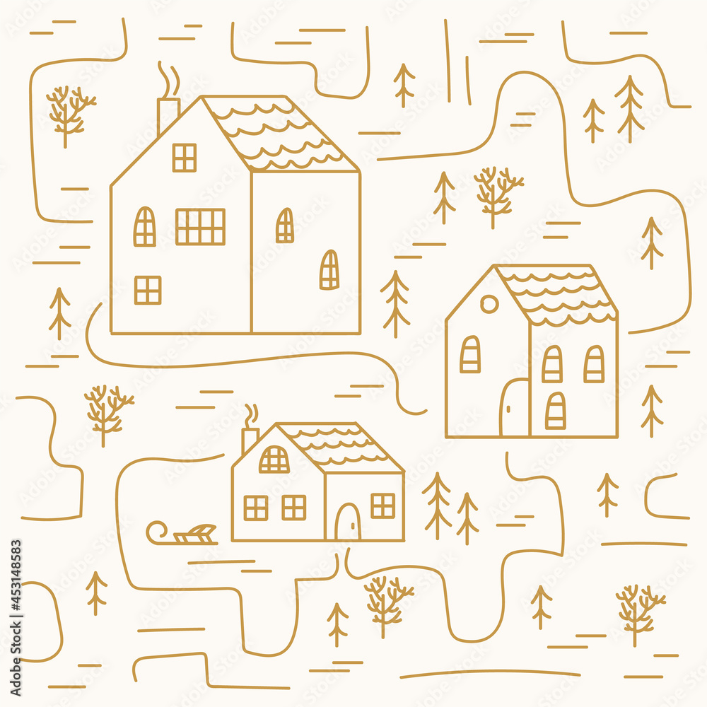 Illustration of golden tiny houses. Beautiful linear houses in the forest. Cute houses in winter on a white background. Vector illustrations with houses for the poster. Vector illustration