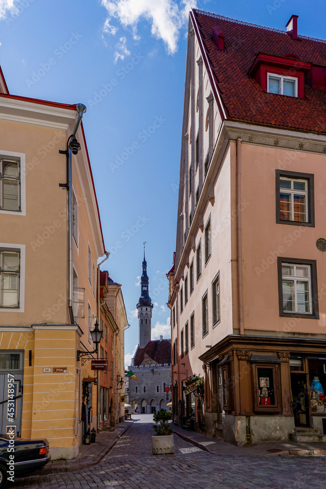 narrow streets with colorful houses in the old historic city center of Tallinn