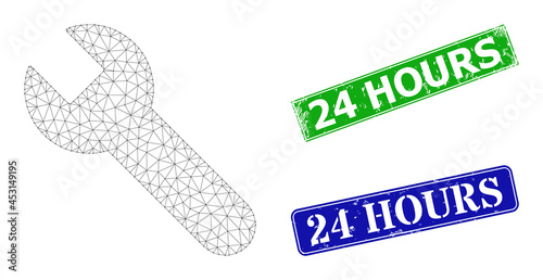 Triangular wrench image, and 24 Hours blue and green rectangle scratched stamp seals. Mesh carcass image is based on wrench pictogram. Stamp seals contain 24 Hours title inside rectangle form.