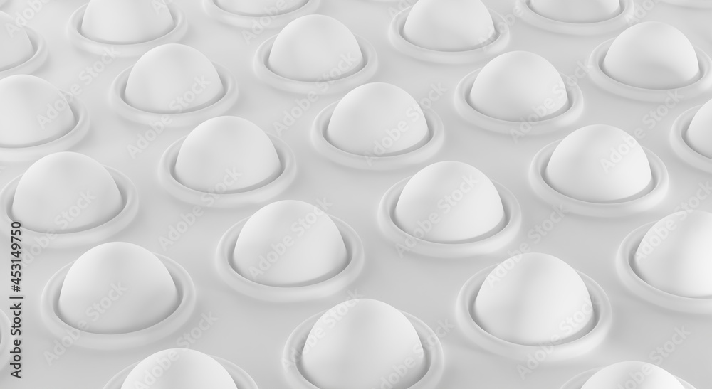 White geometric background. Simple dimple push sensory fidget mockup. Anti-stress toy pop it, game for fine motor skills of children, texture backdrop top view. Realistic illustration, 3d render