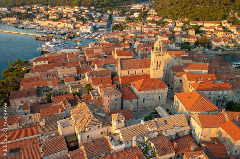 Aerial view of Korcula town on Korcula island, Adriatic Sea, Croatia