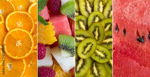 Collage of chopped fruit and berry. Close-up. Fruit background.