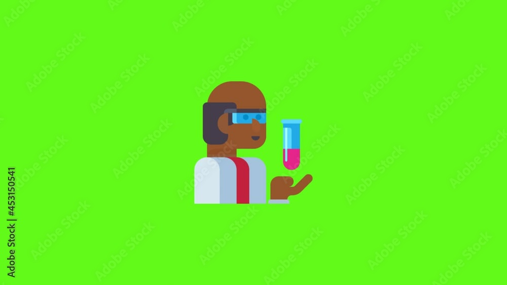 Animacion de un cientifico de piel oscura con la cura para el covid 19 en mano, animacion 2d vectorial. fondo verde