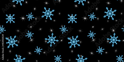 Snowflakes neon seamless pattern. Christmas background vector illustration. For wrapping paper, design, postcard, fabric, baby clothes, baby room. Christmas and New Year concept.