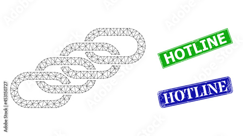 Mesh chain union image, and Hotline blue and green rectangular scratched stamp seals. Mesh carcass illustration is created from chain union pictogram.