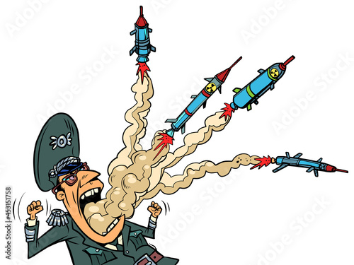 The military militarist has rockets flying out of his mouth. The danger of war photo