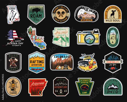 Vintage camp patches logos, mountain badges set. Hand drawn stickers designs bundle. Travel expedition, backpacking labels. Outdoor hiking emblems. Logotypes collection. Stock .