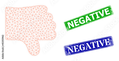 Polygonal dislike thumb image, and Negative blue and green rectangle grunge seal imitations. Polygonal wireframe image is designed with dislike thumb pictogram.