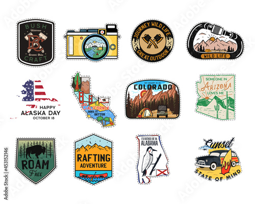 Vintage camp patches logos, mountain badges set. Hand drawn stickers designs bundle. Travel expedition, backpacking labels. Outdoor hiking emblems. Logotypes collection. Stock isolated on white