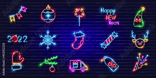 New year symbols neon set. Glowing icons. New Year and Christmas concept. Vector illustration for design.