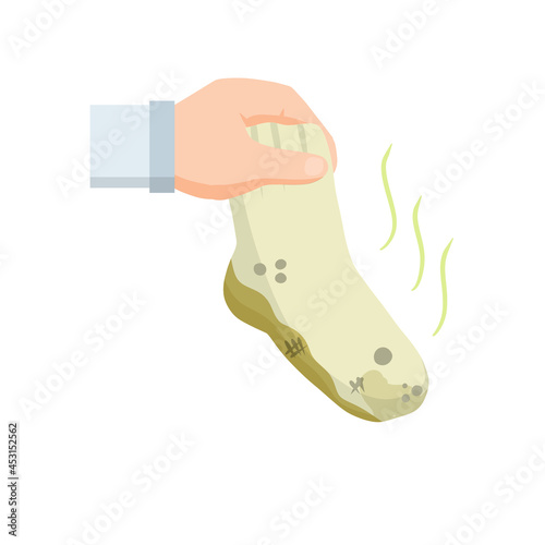 Hands holding dirty sock. Cleaning and laundry. Household chores. Flat cartoon illustration. Smelly clothes