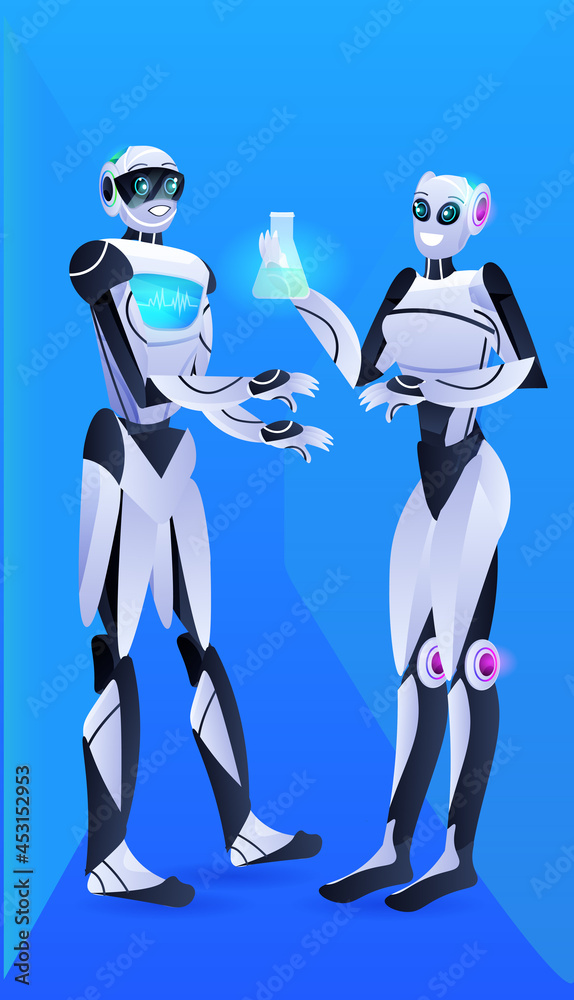 Fototapeta premium robots holding test tube with liquid robotic chemists making experiments in lab genetic engineering artificial intelligence
