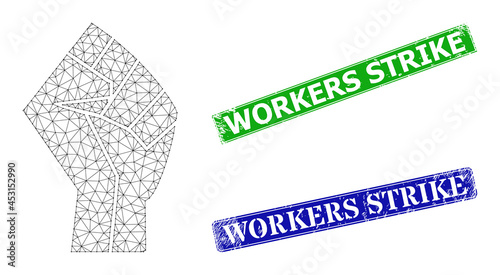 Network fist model, and Workers Strike blue and green rectangle rubber stamp seals. Polygonal carcass illustration is created from fist icon.