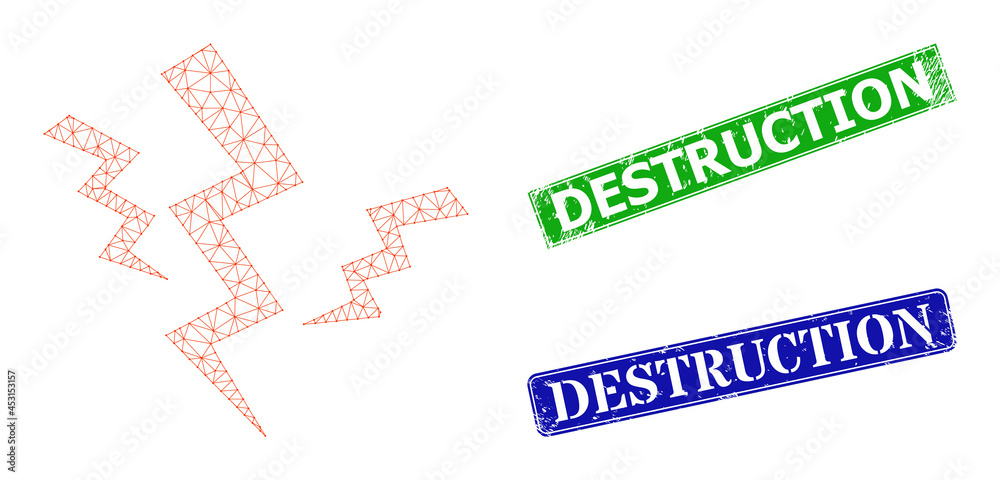 Polygonal crack strikes model, and Destruction blue and green rectangular grunge seals. Polygonal carcass symbol is created from crack strikes icon. Polygonal crack strikes model, and Destruction blue and green rectangular grunge seals. Polygonal carcass symbol is created from crack strikes icon.