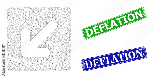 Mesh left down direction model, and Deflation blue and green rectangular dirty stamp seals. Polygonal wireframe image designed with left down direction pictogram.