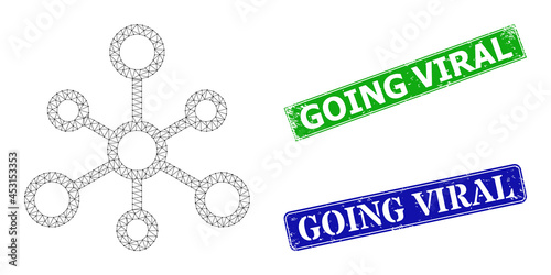 Triangular system links image, and Going Viral blue and green rectangle rubber stamp seals. Mesh carcass image created from system links icon. Stamps contain Going Viral tag inside rectangle frame.