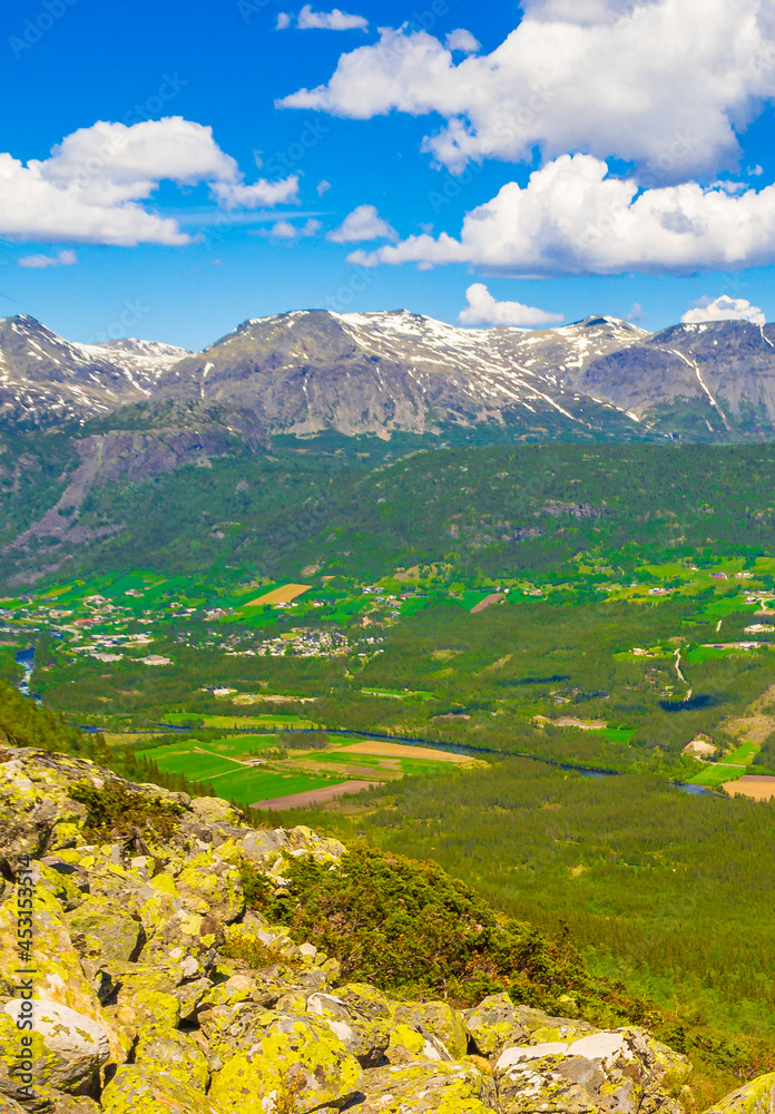 Beautiful valley panorama Norway Hemsedal Hydalen with snowed in Mountains.