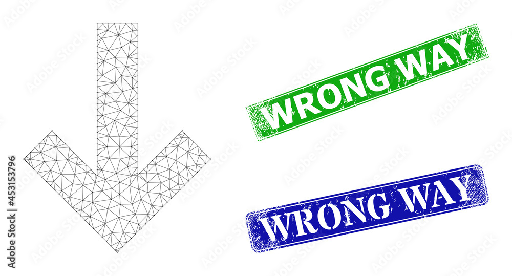 Polygonal down direction arrow image, and Wrong Way blue and green rectangular grunge seals. Polygonal carcass image designed with down direction arrow pictogram. Polygonal down direction arrow image, and Wrong Way blue and green rectangular grunge seals. Polygonal carcass image designed with down direction arrow pictogram.