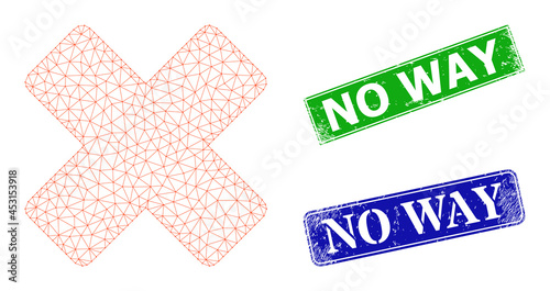 Polygonal reject image, and No Way blue and green rectangular grunge stamps. Mesh wireframe image based on reject icon. Stamps include No Way tag inside rectangular shape.