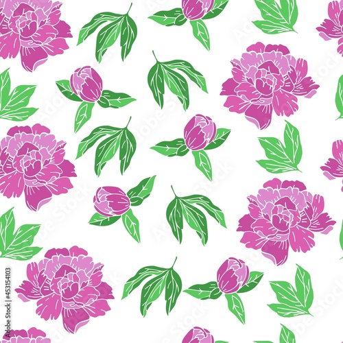 Peony leaves flowers seamless pattern