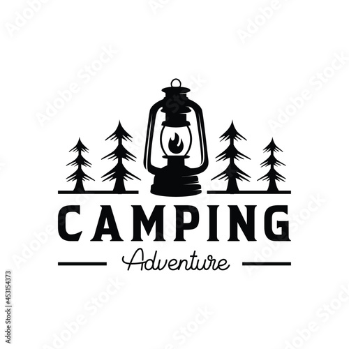 hand drawn camping logo with lantern Vintage emblem forest. Retro style camping camper explore. Outdoor adventure badge design. Travel and hipster mountain outdoor. Wilderness theme