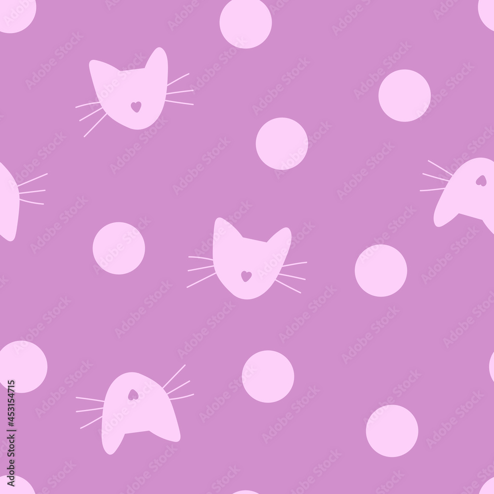 Vector polka dot seamless cute cartoon chaotic pattern with cat faces in pink tones for fashion design, paper, web design, scrapbooking, textile, fabric, wallpapers