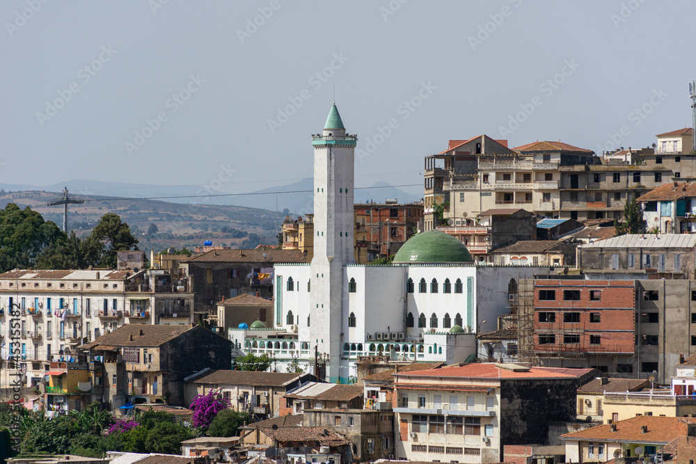 Aerial view of a masjid (mosque) in the downtown of Skikda.
